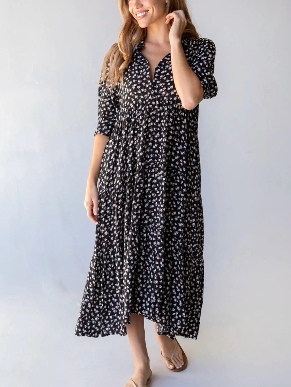 Natural Life Rebecca Midi Dress Size XS Black with Cream Roses Boho Cottagecore